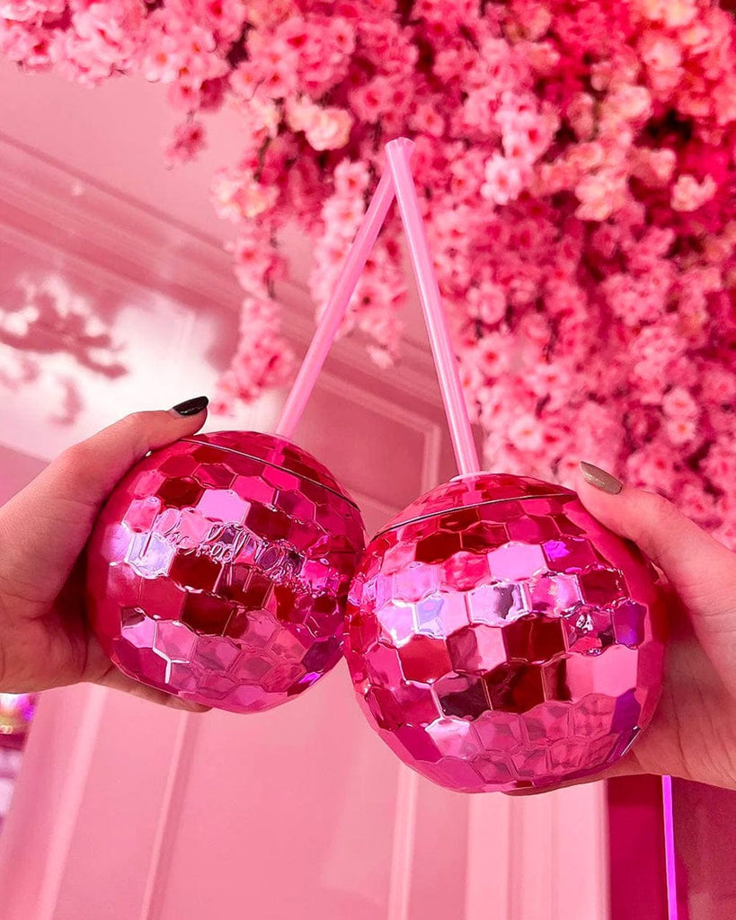 Pink Disco Ball Ball Cup with Straw